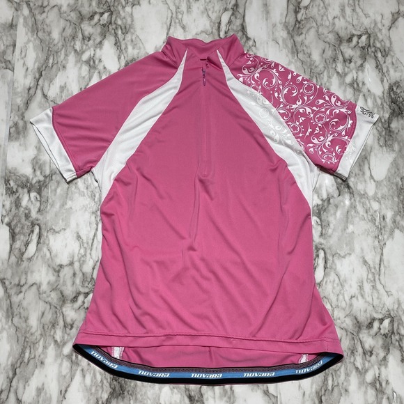 NOVARA Women Cycling Jersey Shirt Size M Pink White 1/4 Zip Short Sleeve Pockets - Picture 1 of 10